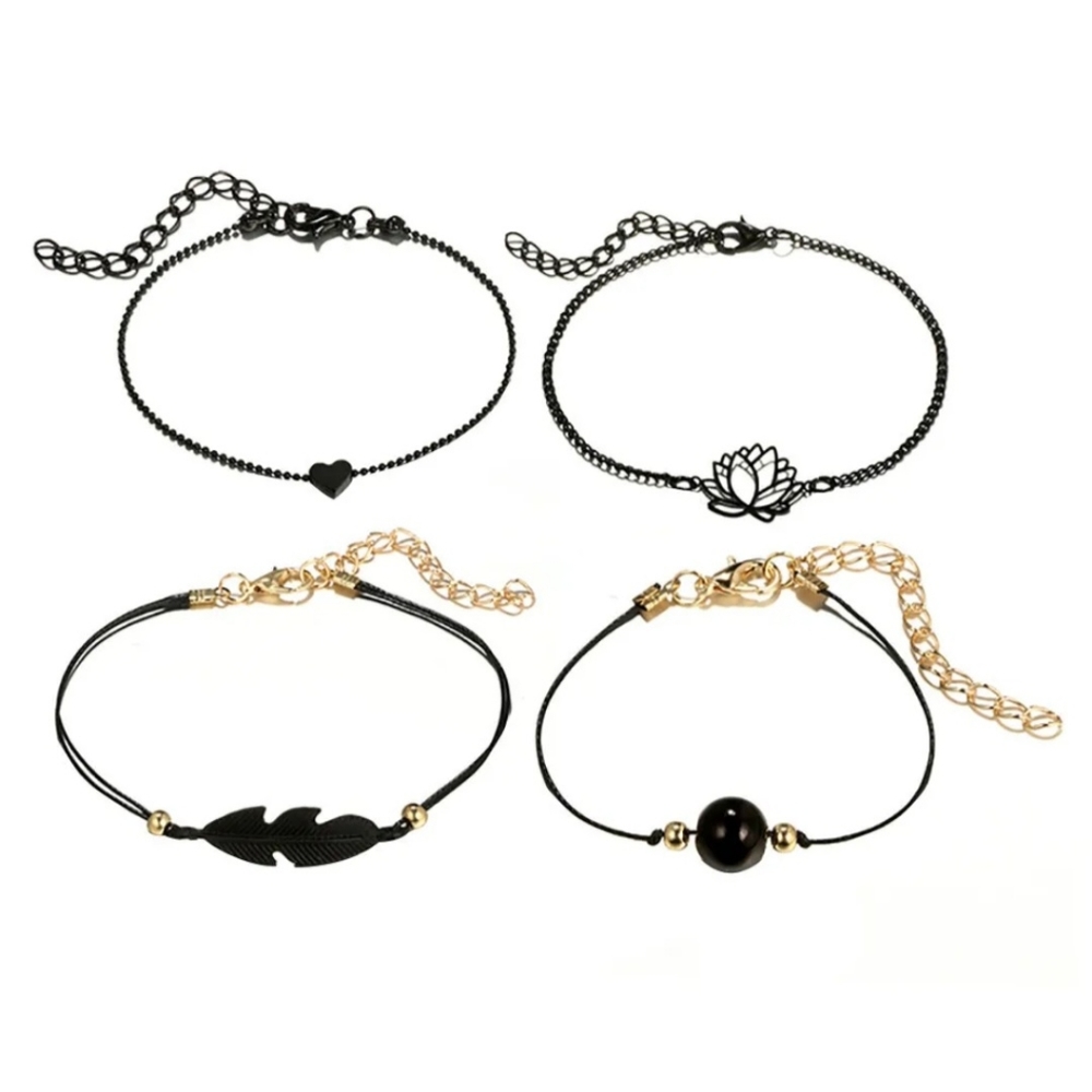 4pc Black & Gold Charm Layering Bracelets Feather Lotus Flower Heart Bead - Picture 13 of 13